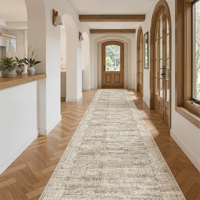 Soalmost Hallway Runner Rug 2'6" x 14' Washable Long Kitchen Rugs Brown | Non-Slip Vintage Runners 2.5x14ft for Bathroom Entryway, Thin Low-Pile Foldable 14 ft Floor Carpet Mat for Corridor Bedroom