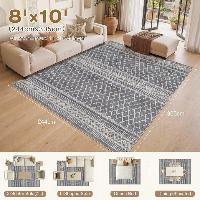 cotiled 8x10 Area Rugs Living Room Rug: Washable Boho Rugs with Non Slip Backing Large Soft Indoor Stain Resistant Carpet for Bedroom Farmhouse Dining Room Lightweight Home Decor Charcoal Grey