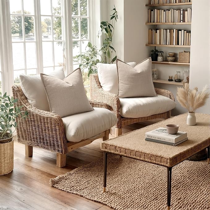 MIULEE Thick Textured Decorative Throw Pillow Covers 22x22 in Oatmeal Linen | Set of 2, Linen Blend Pillow Cover, Flange Edge Design, Farmhouse Modern Boho Style, Bed Couch Living Room Decor