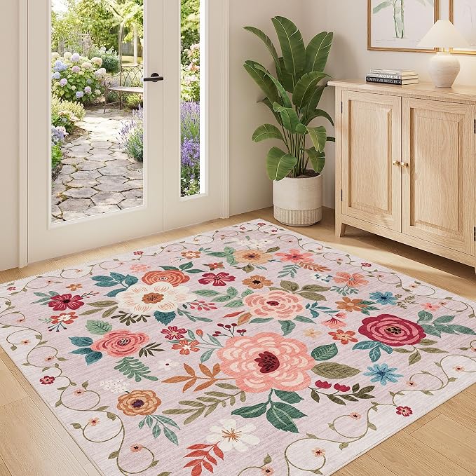 DUKINO 4x4 Square Area Rug, Soft Floral Washable Rug for Entryway, Beige | Non Slip, Low Pile, Stain Resistant Indoor Rug for Kitchen, Bedroom, Living Room, Nursery, Pet Friendly, Modern Home Decor