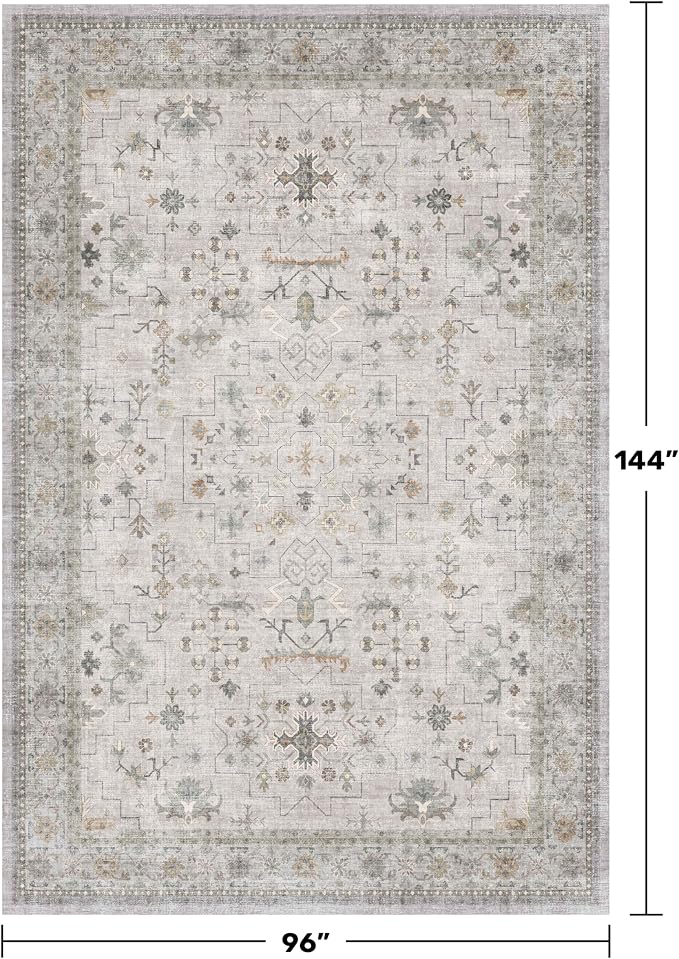 Boho Large Living Room Rug 8x12 - Washable Low Pile Area Rug for Dining Room, Neutral Light Gray & Sage Bedroom Carpet, Distressed Vintage Floral Design, Low Pile Stain Resistant