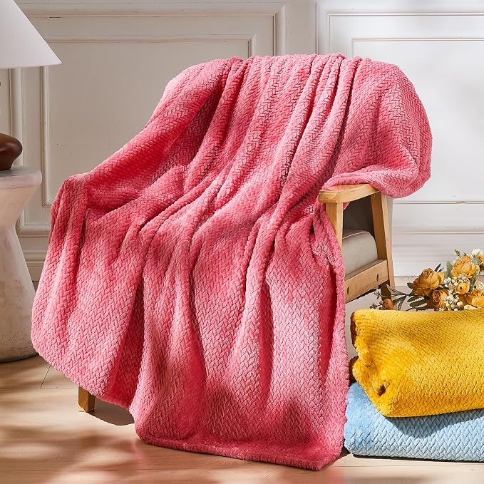 NEWCOSPLAY Fleece Leaves Pattern Queen Blanket, Coral Pink, 90"x90" | Super Soft Throw Blanket, Lightweight Cozy Bed Sofa Blanket, Premium Silky Flannel Fleece, Travel Blanket for All Season Use