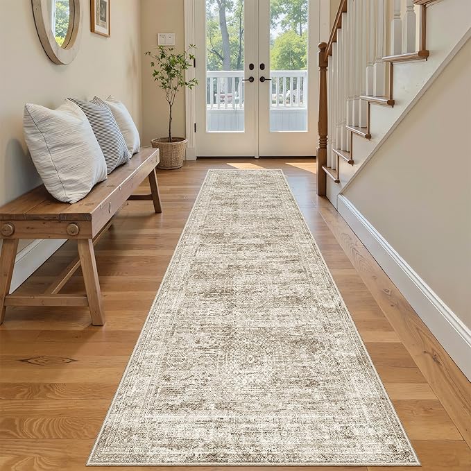 Soalmost Washable Runner Rug 2'6"x8' Kitchen Hallway Runners Brown | Soft Non-Slip 2.5x8ft Carpet for Entryway Bathroom, Low Pile Vintage Foldable Floor Mat for Corridor Laundry Room Bedroom