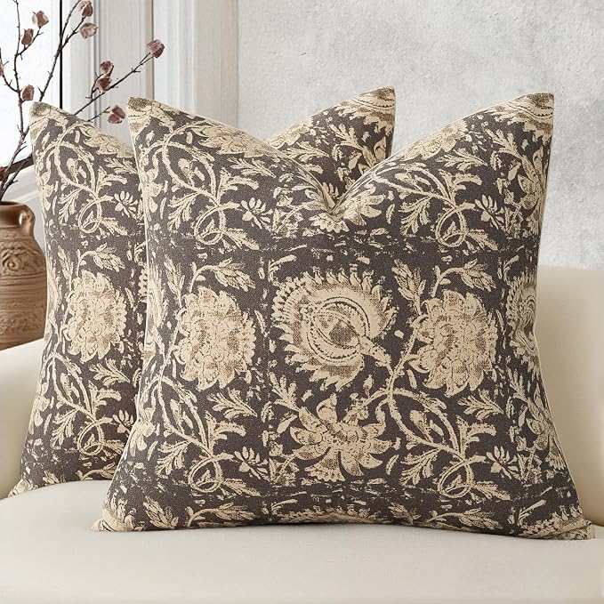 Vintage Floral Print Throw Pillow Covers 20x20 Set of 2 Neutral Modern Farmhouse Pillowcases Accent Decorative Cushion Covers Boho Home Decor for Couch Sofa Chair Bed Living Room, Rustic Gray