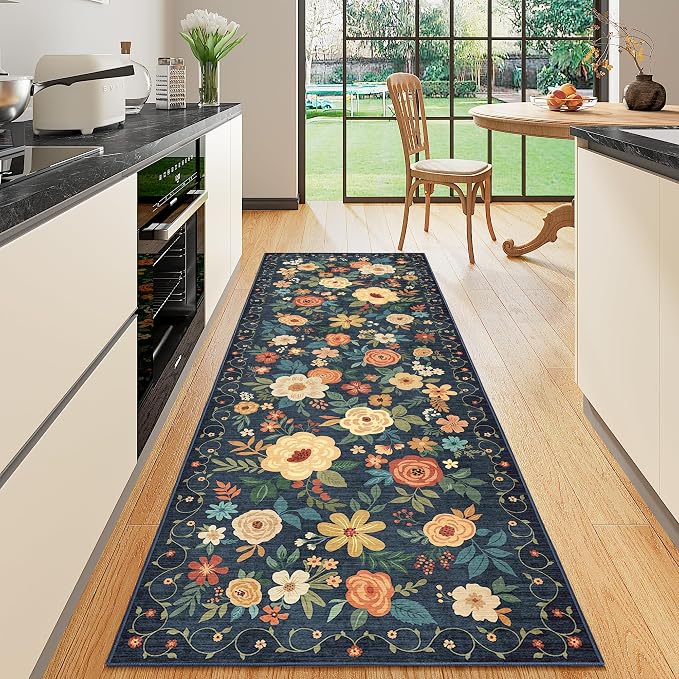 DUKINO 2x6 Runner Rug for Hallway Washable Kitchen Rugs Non Slip, Navy Blue | Low Pile, Soft, Floral Indoor Rug for Entryway, Bedroom, Laundry, Bathroom, Pet Friendly, Lightweight, Modern Home Decor
