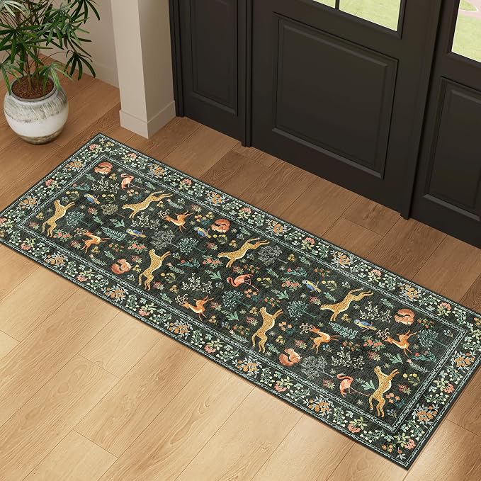 DUKINO 2x5 Rug for Hallway, Washable Animal Runner Rug Non Slip, Black | Low Pile, Stain Resistant, Soft Indoor Carpet Runner for Kitchen, Entryway, Bedroom, Bathroom, Pet Friendly, Lightweight