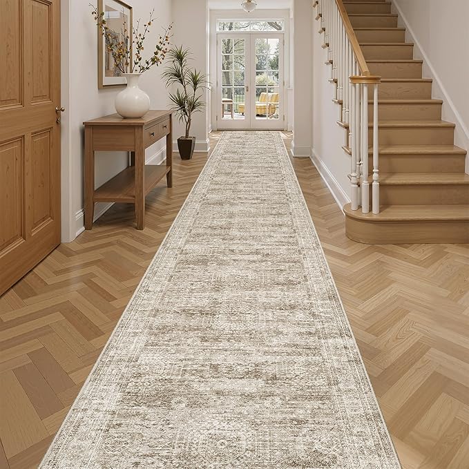Soalmost Hallway Runner Rug 2'6" x 14' Washable Long Kitchen Rugs Brown | Non-Slip Vintage Runners 2.5x14ft for Bathroom Entryway, Thin Low-Pile Foldable 14 ft Floor Carpet Mat for Corridor Bedroom
