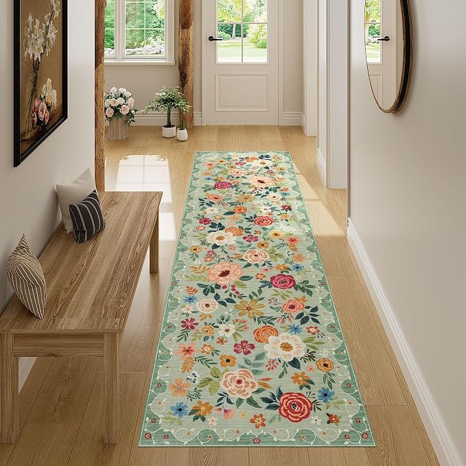 DUKINO 2x7 Runner Rug for Hallway, Washable Runner Rug Non Slip, Green | Low Pile, Soft Indoor Carpet Runner for Kitchen, Bedroom, Bathroom, Entryway, Laundry, Pet Friendly, Home Decor, Lightweight