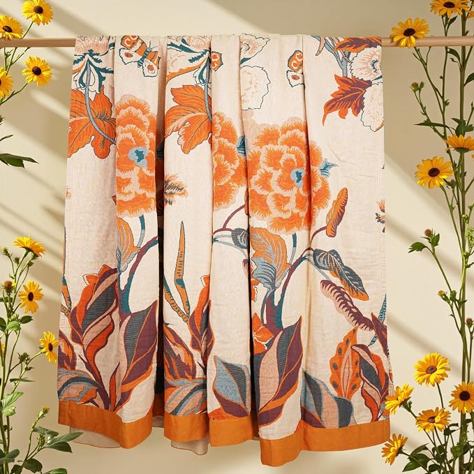 VANJOROY Boho Throw Blanket, 100% Cotton Breathable Soft Bed Throw - Floral Bird Farmhouse Decor Blanket for Sofa Couch Chair Quilt and Gift. 80" x 90"- Beige