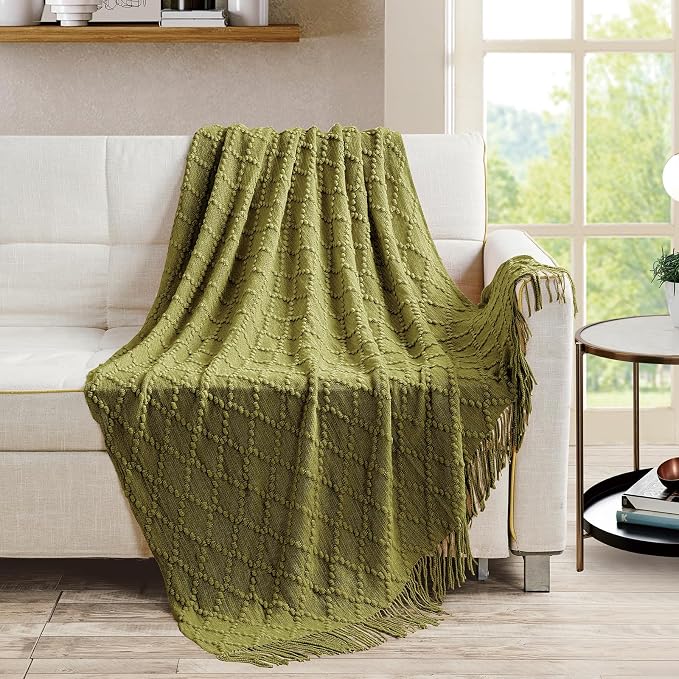 BOURINA Olive Throw Blanket 50 x70 Inch Jacquard Throw Knitted Blanket | Jacquard Argyle Throw Textured Solid Soft Throws and Blankets for Sofa or Bed Knitted Decorative Blanket