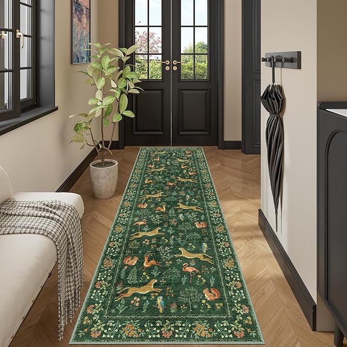 DUKINO 2x10 Kitchen Runner Rug, Soft Non Slip Animal Washable Rug, Green | Low Pile, Non-Shedding Indoor Carpet Runner for Hallway, Entryway, Bedroom, Bathroom, Laundry, Pet Friendly, Stain Resistant