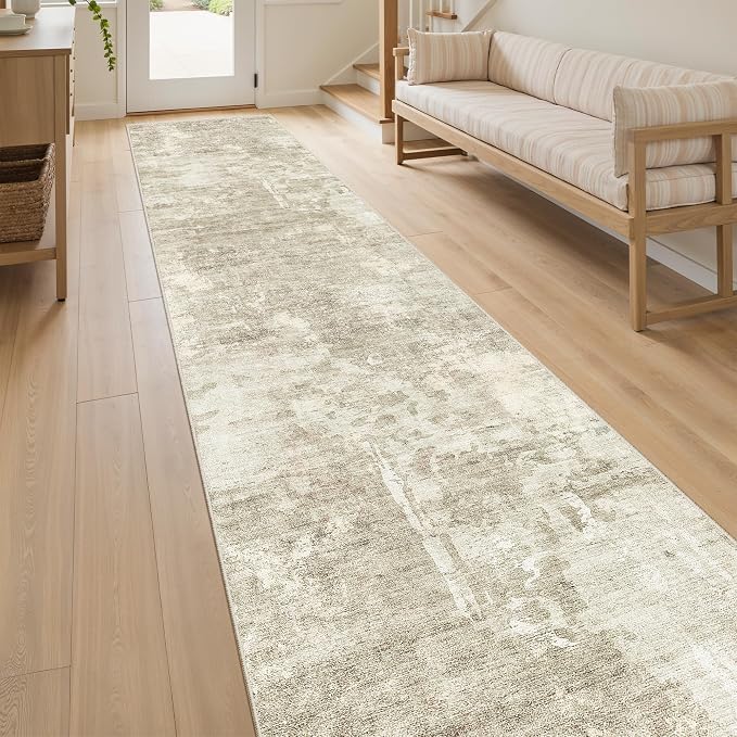 Soalmost Abstract Runner Rug 2x12 Hallway Kitchen Runners Beige/Gray | Vintage Washable Rugs for Bathroom Laundry Room, Low Pile Stain Resistant Floor Carpet Mat Entryway Corridor Bedroom