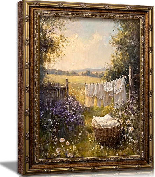 Laundry Room Wall Art, Vintage Gold Framed Farmhouse Landscape, 16x24in | Retro cottagecore country landscape with carved gold frame for laundry room, washroom, bathroom, or farmhouse home decor