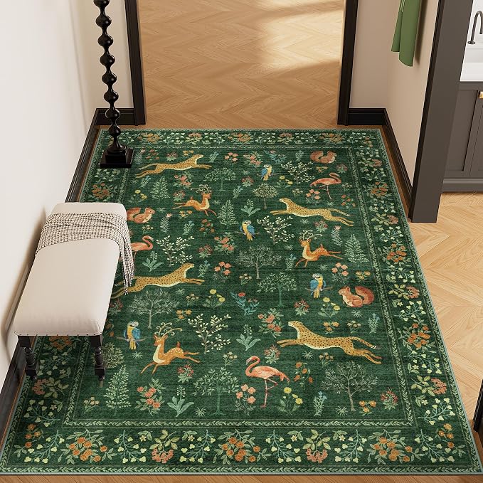 DUKINO 4x6 Area Rug, Non Slip Animal Washable Rug for Living Room, Green | Soft, Low Pile, Stain Resistant Indoor Carpet for Bedroom, Dining Room, Nursery, Farmhouse, Pet Friendly, Non-Shedding