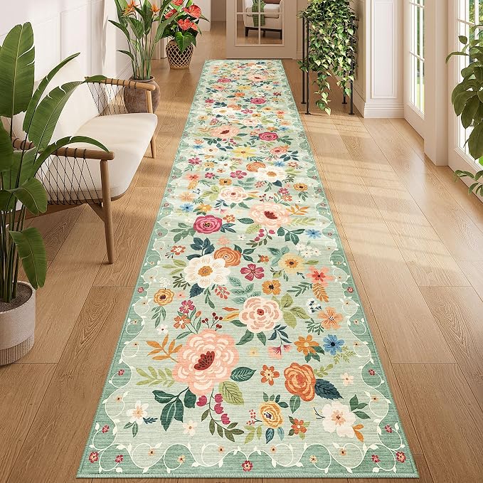 DUKINO 2x12 Washable Runner Rug, Non Slip Long Kitchen Runner Rug, Green | Floral, Low Pile, Soft Indoor Rug Runner for Hallway, Entryway, Bedroom, Bathroom, Laundry, Pet Friendly, Modern Home Decor