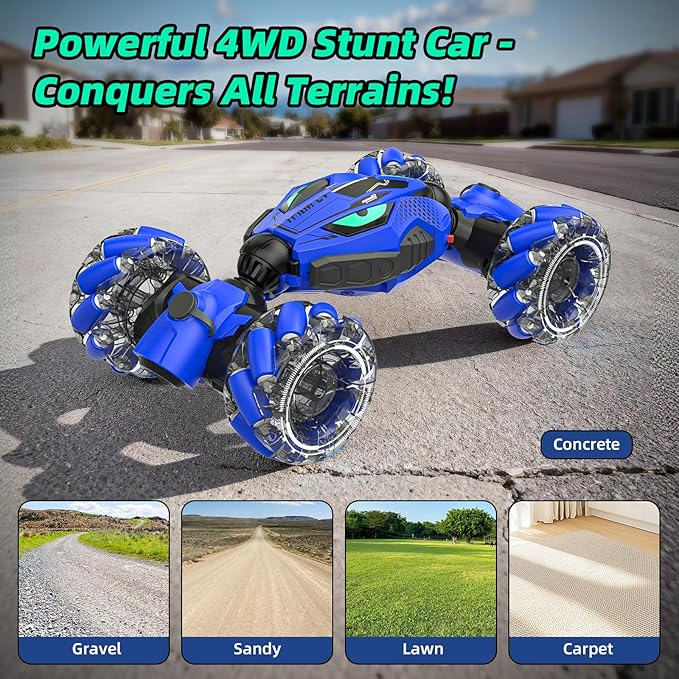 VisionX Unique 2.4GHz 4WD 360° Rotating Gesture Sensing RC Stunt Cars for Boys and Girls Ages 6-12, Double‑Sided Driving RC Drift Car, Birthday and Christmas Cool Car Toys Gifts for Kids, 2 Batteries