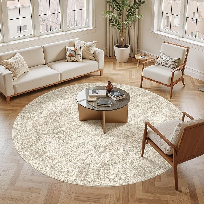 Soalmost Round Rugs 8ft Living Room Circle Area Rug 8x8 Beige Vintage | Washable Non Slip Indoor Carpet for Apartment, Dining Bedroom, Soft Low Pile Stain Resistant Foldable Floor Mat Entryway