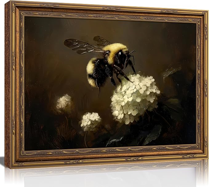 Vintage Gold Framed Bee Wall Art Dark Academia Insect Painting Canvas Print Gothic Moody White Hydrangea Picture Wall Decor Rustic Farmhouse Animal Poster Artwork for Living Room Bedroom Bathroom