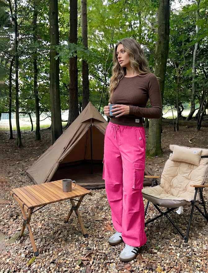 COPYLEAF Cargo Pants Women Low Waisted Parachute Pants with Pockets Loose Baggy Hiking Pants Y2K Clothes