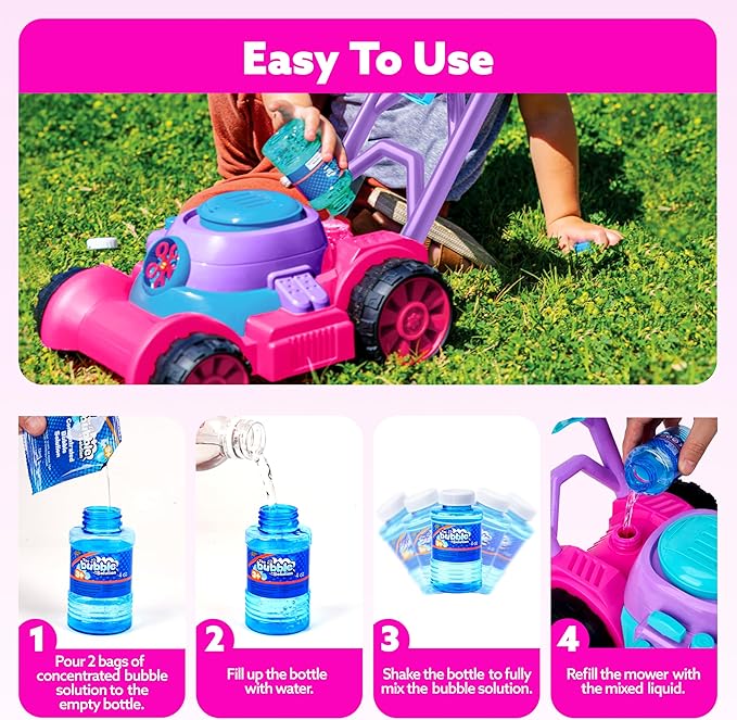 SLOOSH Bubble Lawn Mower Toddler Toys - Spill-Proof Bubble Machine Pretend Gardening Toy for Age 1 2 3 1-3 Year Old Toddler Indoor Outdoor Use, Baby Girl Push Toys New Year Birthday Gift (Pink)