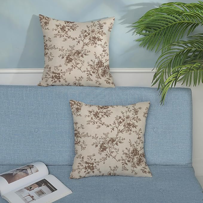 Brown and Cream Flower Pillow Covers 18x18 Set of 2 Chinoiserie Floral Decorative Throw Pillows Vintage Toile Flower Pillowcase Linen Outdoor Farmhouse Cushion Cover for Couch Sofa Decor