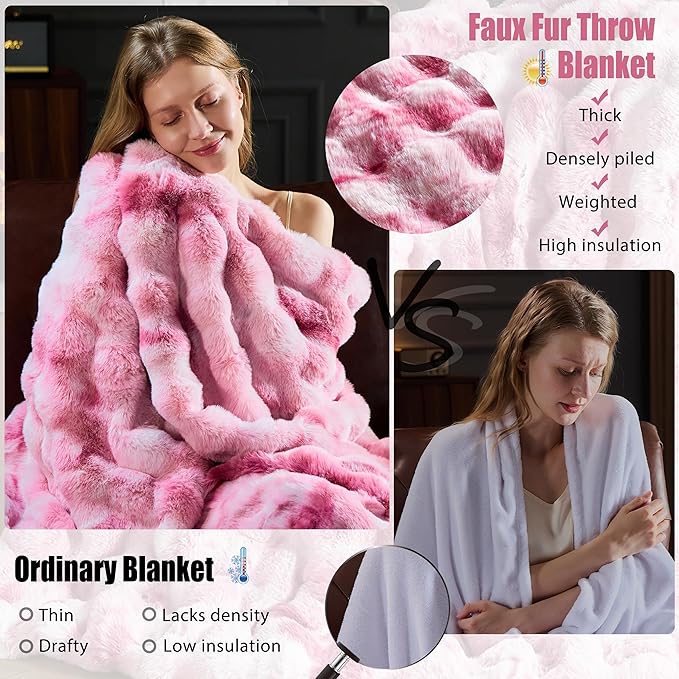 Faux Fur Throw Blanket for Couch, Fluffy Fuzzy Plush Bubble Blanket, Soft Warm Cozy Shaggy Rabbit Blanket, Luxury Decorative Gifts for Sofa Bedroom Living Room, 60x80inch (Tie-Dye-Pink)