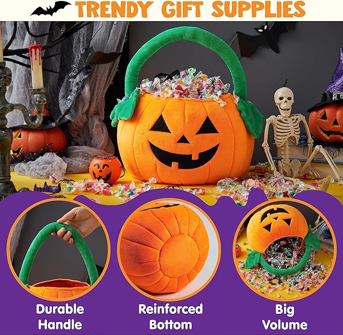 JOYIN Halloween Pumpkin Plush Tote Bucket, 11 X 13.4 inches Candy Trick or Treat Bag, Cute Halloween Basket with Handle for Kids Girl Boy Trick or Treating, Party Favor Supplies , Kids Gifts Goody Bag