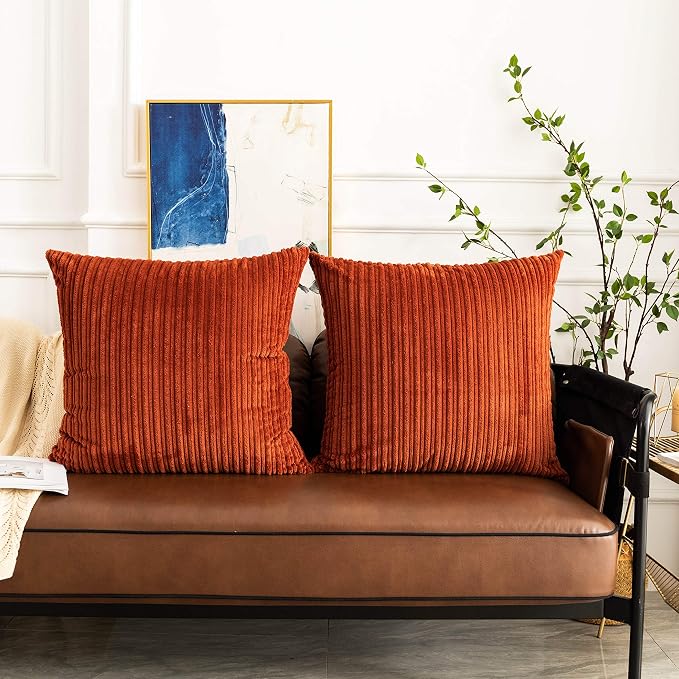 UGS UGASA Fall Pillow Covers Super Soft Striped Corduroy Large Throw Pillow Sham Cushion Cover Living Room, 1 Pc, 26" x 26" (Pack of 1) (66cm), Burnt Brick