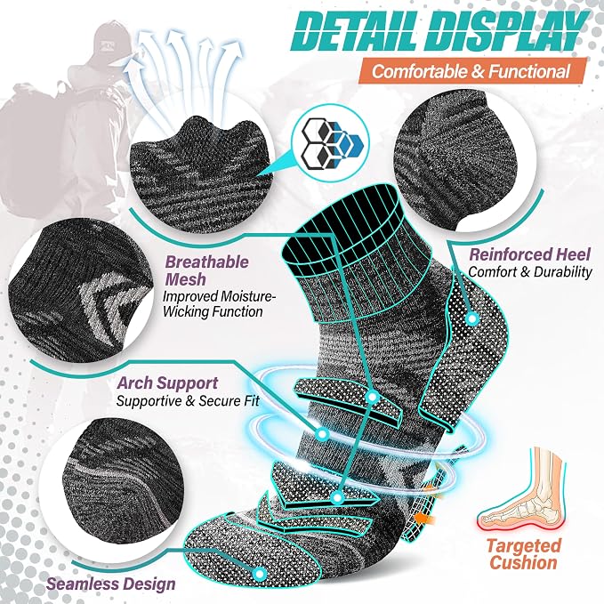 ANTSANG 6 Pairs Merino Wool Quarter Ankle Hiking Running Socks Compression Thermal Thick Cushion Socks for Women Men