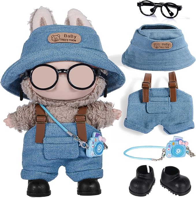 17cm Fashion Doll Clothes & Accessories Set Include: Hat, Overall, Shoes, Glasses and Bag- Cute Clothes for Dress up Unique Style (Doll Not Included), Blue