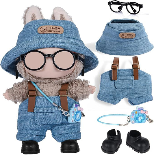17cm Fashion Doll Clothes & Accessories Set Include: Hat, Overall, Shoes, Glasses and Bag- Cute Clothes for Dress up Unique Style (Doll Not Included), Blue
