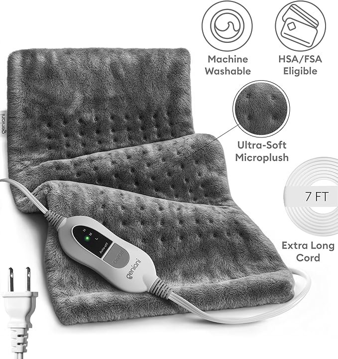 GENIANI Electric Heating Pad for Back Pain & Cramps Relief, Electric Throw, Self Care Gifts for Women, Heating Pad for Neck & Shoulder, Machine Washable Microplush, Auto Shut Off (12"x24", Tabby Gray)