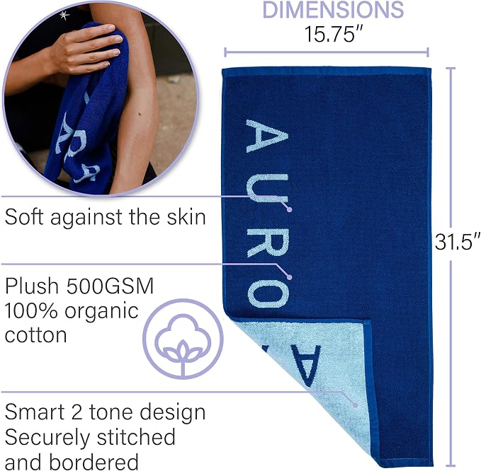 Blue Organic Cotton Gym Towel for Men and Women - Silver Infused Sweat Towels for Gym, 500 GSM, 31.5"x15.75" - Soft Absorbent Workout Towels for Yoga and Sports, Exercise Towel