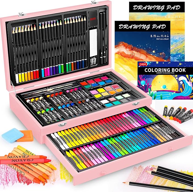 Caliart Art Supplies, 153-Pack Deluxe Wooden Art Set Crafts Drawing Painting Coloring Supplies Kit with 2 A4 Sketch Pads, Halloween Creative Gift Box for Adults Artist Beginners