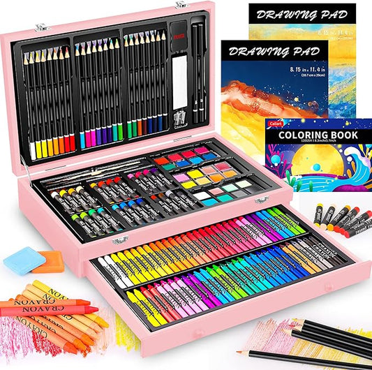 Caliart Art Supplies, 153-Pack Deluxe Wooden Art Set Crafts Drawing Painting Coloring Supplies Kit with 2 A4 Sketch Pads, Halloween Creative Gift Box for Adults Artist Beginners