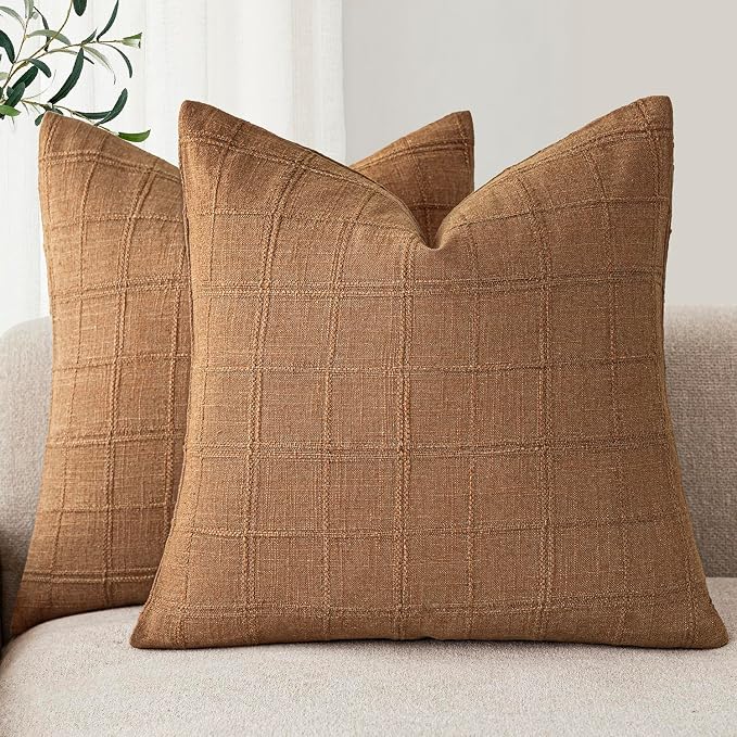 Foindtower Set of 2 Decorative Linen Check Throw Pillow Covers Neutral Farmhouse Vintage Cushion Covers Modern Boho Home Decor for Sofa Chair Couch Bedroom Living Room,22×22 Inch,Brick
