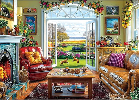 Sunlit Garden 1000 Piece Jigsaw Puzzle for Adults, Indoor Living Room Scene with Floral Decor and Garden View, Home Entertainment Family Activity