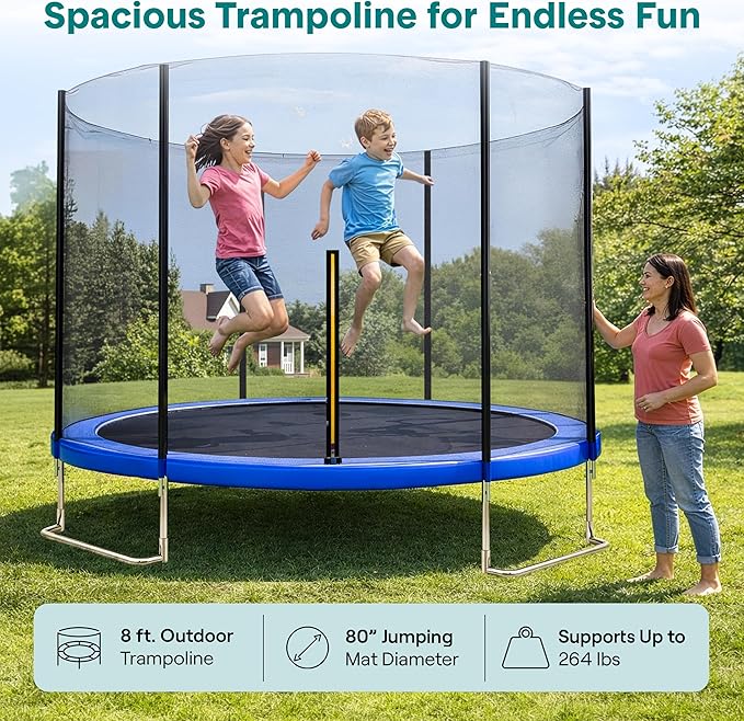 SereneLife Trampoline Outdoor 8FT 10FT 12FT 14FT with Enclosure Net, Ladder and Anti-Rust Coating - ASTM Approved Recreational Trampolines - Heavy Duty Yard Trampolines for Kids and Adults