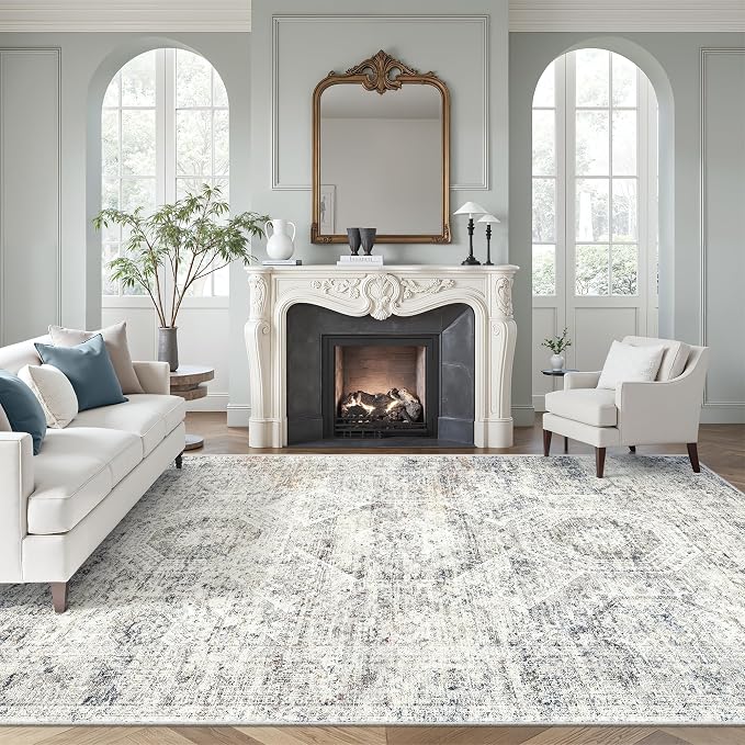 Soalmost 7x10 Area Rug for Living Room Washable Rugs Non-Slip Blue/Ivory | Low-Pile Vintage Carpet for Dining Bedroom, Foldable Thin Stain Resistant Floor Mat Under Table Home Office Nursery Decor