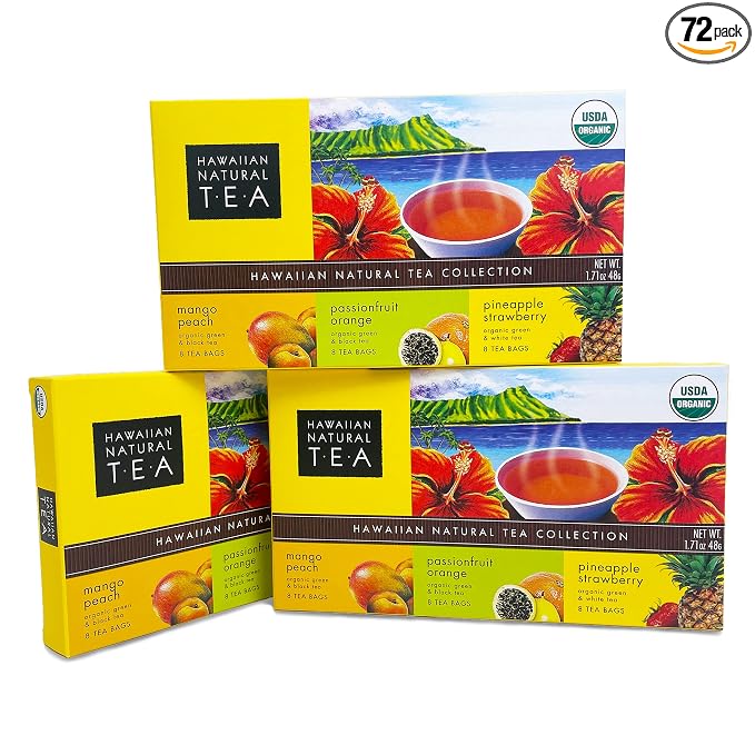 Hawaiian Natural Organic Tropical Fruit Tea Sampler - Green, Black, White Tropical Fruit Tea Blends, Gift Box Set For Special Occasions - 24 Bags