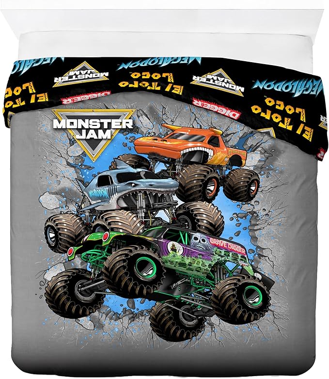 Jay Franco Duvet Cover Set – 3 Piece Comforter Cover and Sham Set, Super Soft Cozy Kids Bedding (Insert Not Included) Grey - Monster Jam, Queen