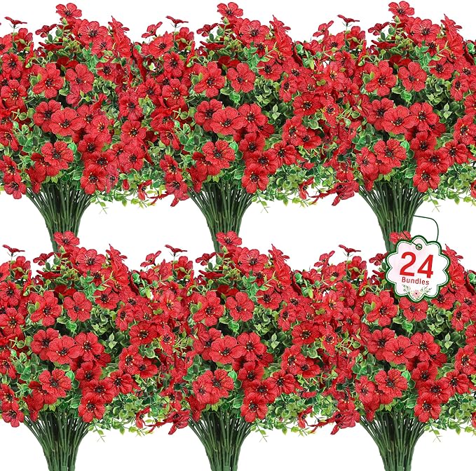 Ouddy Decor 24 Pcs Artificial Flowers for Outdoors Decorations, Red | Lifelike silk flowers, UV resistant, faux plastic plants, for garden porch window table vase home indoor outdoor decor