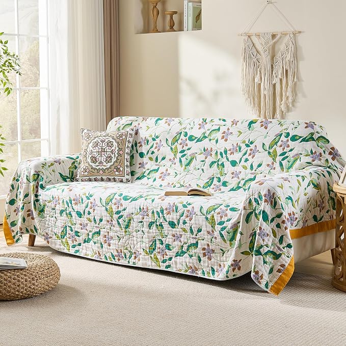VANJOROY Boho Throw Blanket, 100% Organic Cotton Breathable Skin-Friendly Ultra Soft 60" x 80" Bed Quilt Throw - Floral Rustic Decor Luxury Reversible Blanket for Sofa Couch Chair and Gift,