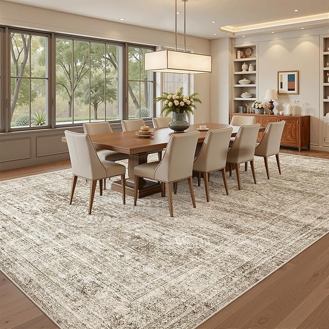 Soalmost 10x12 Area Rugs for Living Room Washable Rug Non-Slip Brown | Large Vintage Stain Resistant Carpet for Dining Bedroom, Low Pile Lightweight Foldable Floor Mat Nursery Home Office Decor