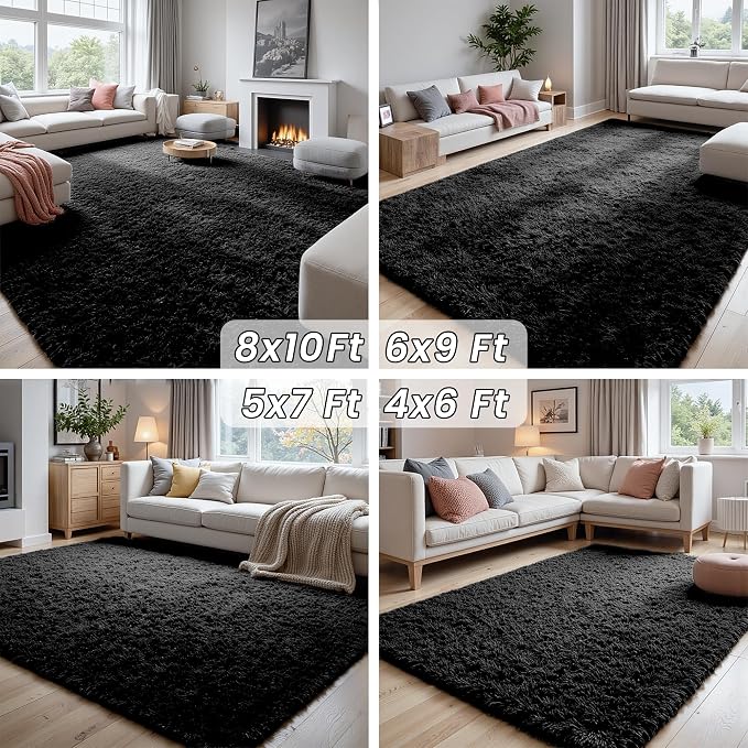 9x12 Area Rugs for Living Room Rug: Soft Fluffy Shag Black Rugs for Bedroom, Non-Slip Large Fuzzy Plush Rug Indoor Floor Carpet for Nursery Kids Boys Girls Room, Dorms, Playroom, Modern Home Decor