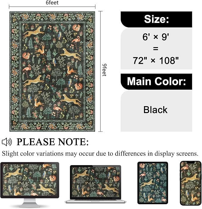 DUKINO 6x9 Area Rug, Washable Animal Living Room Rug Non Slip, Black | Soft, Low Pile, Non-Shedding Indoor Large Carpet for Bedroom, Dining Room, Kids PlayRoom, Farmhouse, Pet Friendly, Home Decor