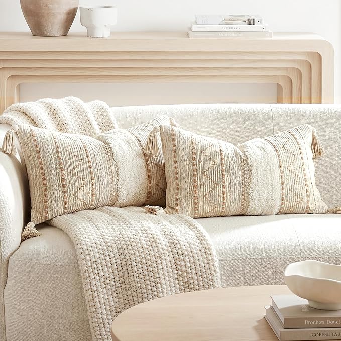 Decorative Lumbar Throw Pillow Covers 12x20 Combo Set of 2 Cream Neutral Rectangular Boho Accent Pillowcase Farmhouse Cushion for Couch Sofa Bedroom Living Home Décor Cover ONLY