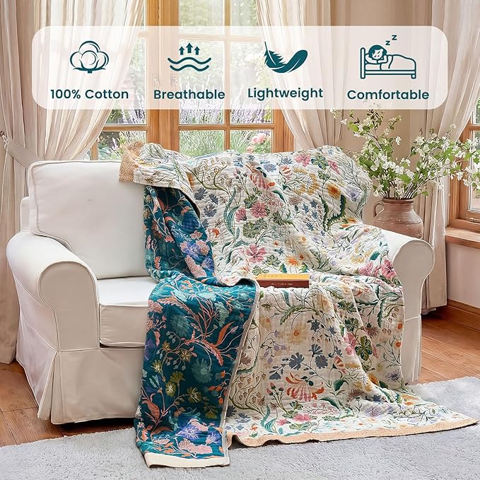 MSGKV Boho Throw Blanket 60"x80" Cotton Floral Blanket for Couch Bed Decor | 100% Cotton Throw, Colorful Floral, Reversible Blanket, Breathable Lightweight, Road Trip Blanket, Machine Washable