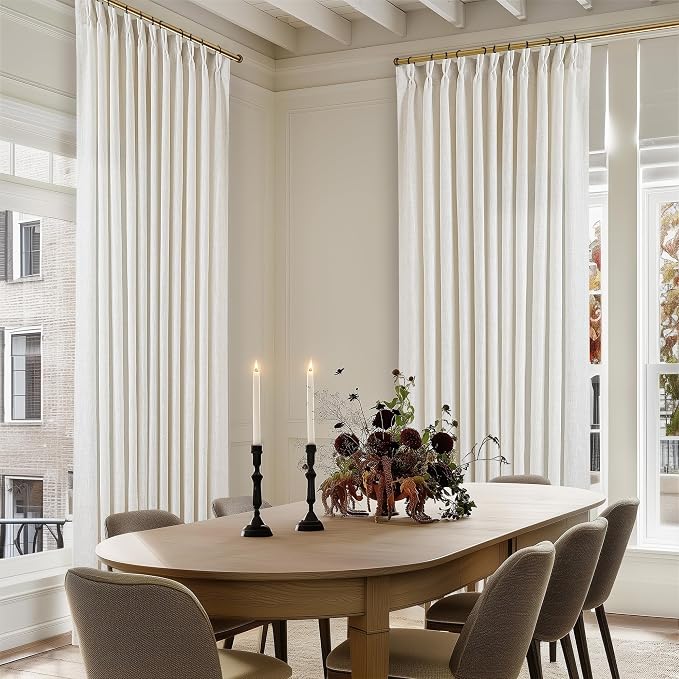 TWODRAPES 102 Inch Long Curtains Extra Wide 70 Inch Width Pinch Pleat Linen Curtains for Living Room Cream Light Filtering Privacy Pleated Hooks Rings Back Tab for Sliding Door 1 Panel