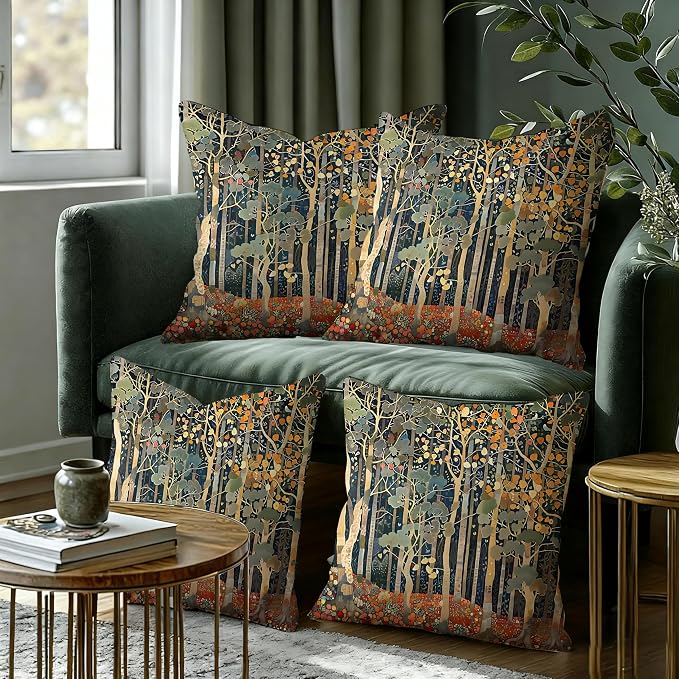 Rustic William Morris Inspired Autumn Forest Decor Pillow Covers 18x18 Set of 4,Fall Home Room Decor, Vintage Botanical Nature Decorative Throw Pillow Covers for Home Bedroom Living Room